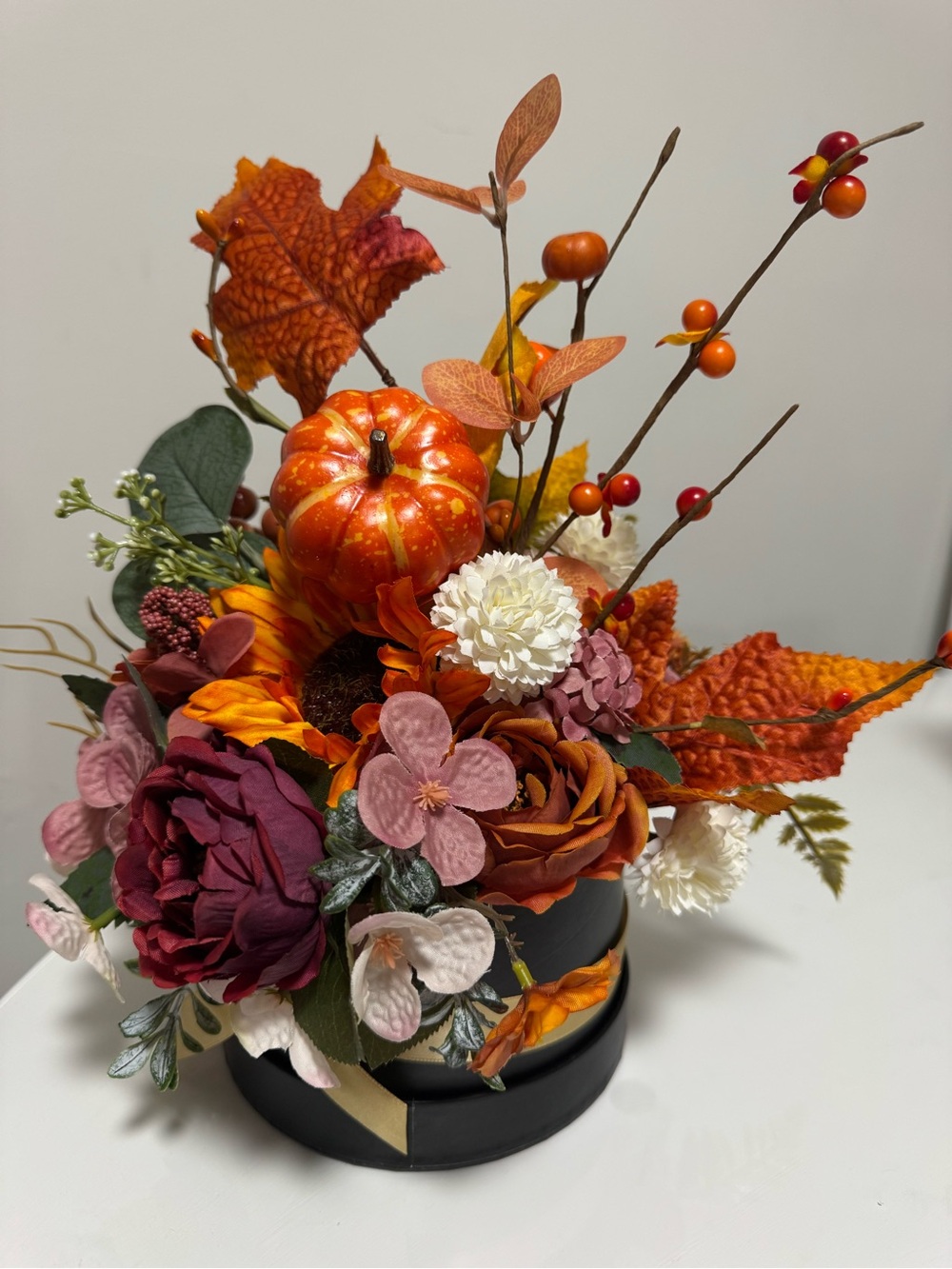 Handmade Fall Floral Arrangement with Pumpkin – Autumn Thanksgiving Centerpiece